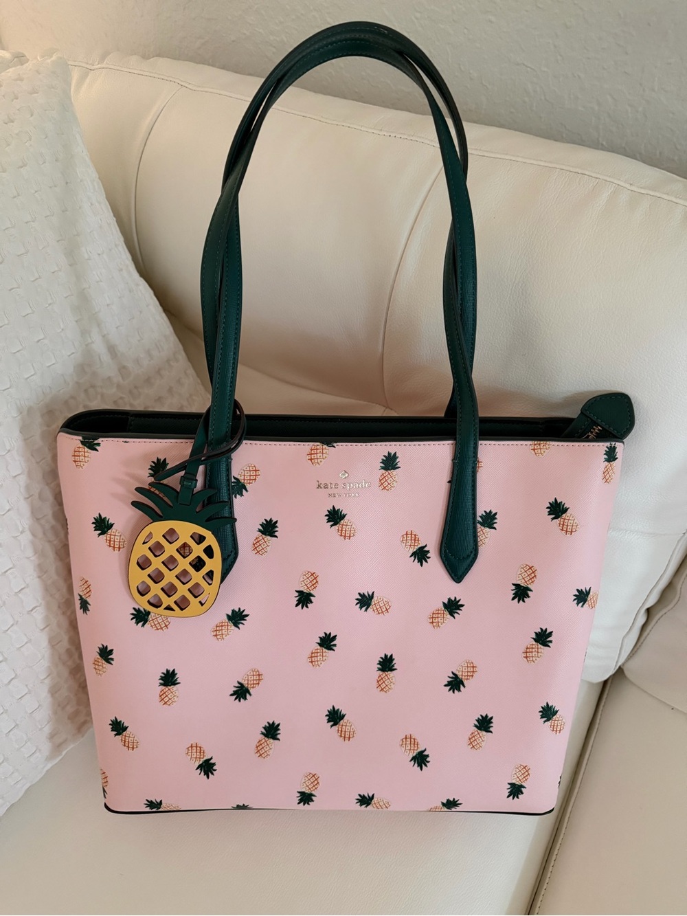kate spade Pink Pineapple Print Tote with Dark Green Handles